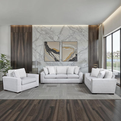 Hunziker Modern & Contemporary Textured 3-Piece Living Room Set with Stylish Dual Fabric Upholstery (Microfiber & Corduroy), Foam over Pocket Coils Co by Latitude Run