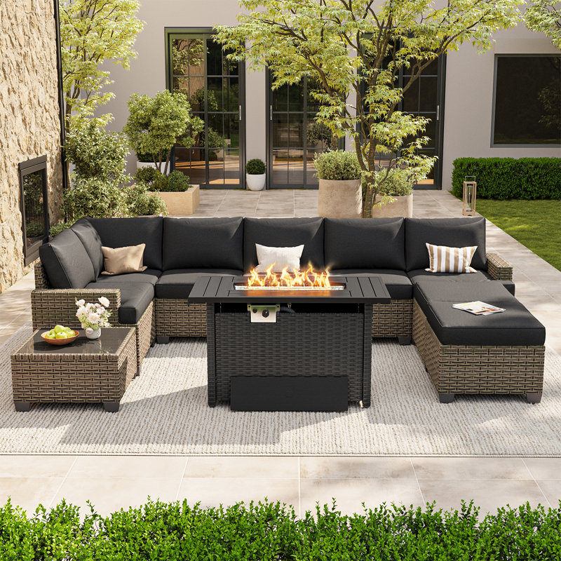 Ensemble de conversation modulaire de patio en résine tressée spéciale PE 10 pièces avec coussins de 10 cm et table foyer