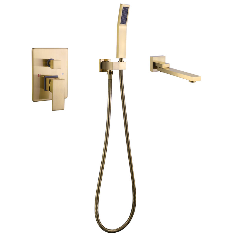 10-2/5" Solid Brass Wall Mounted Bathtub Faucet with Handheld Shower, Brushed Gold