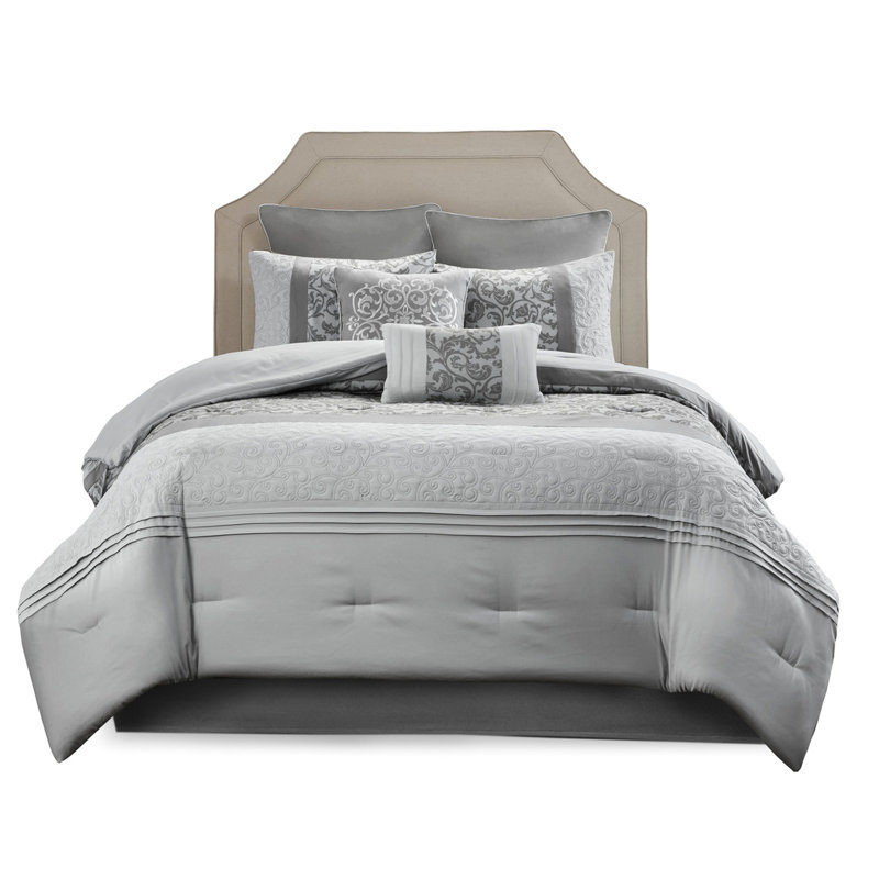 Édredon 8 pièces gris - transitionnel, imprimé, literie en microfibre douce, taies décoratives