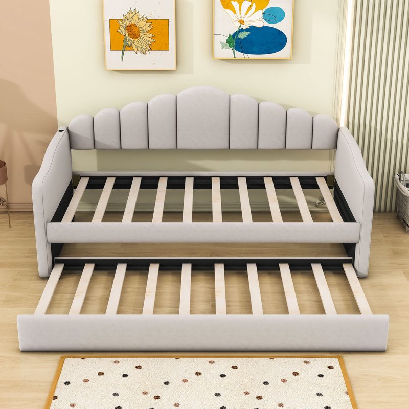 Arriaga Elegant Twin Size Upholstered Daybed with Trundle and USB Charging Ports, Beige