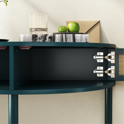 Table de bout unique en demi-lune avec porte coulissante en rotin, console élégante en demi-cercle avec 2 armoires de rangement en rotin et tablette inférieure pour le salon, la chambre à coucher, le bureau, le couloir (vert)