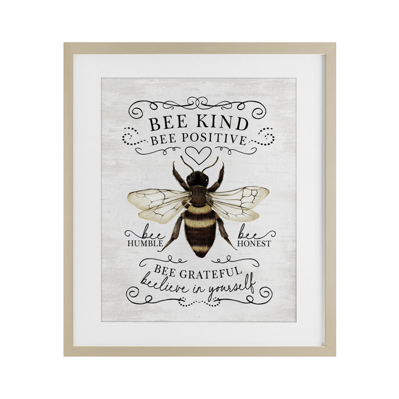 «Bee Kind & Positive Country», reproduction sous verre encadrée, design par lettré et doublé, Cadre de récolte en pin