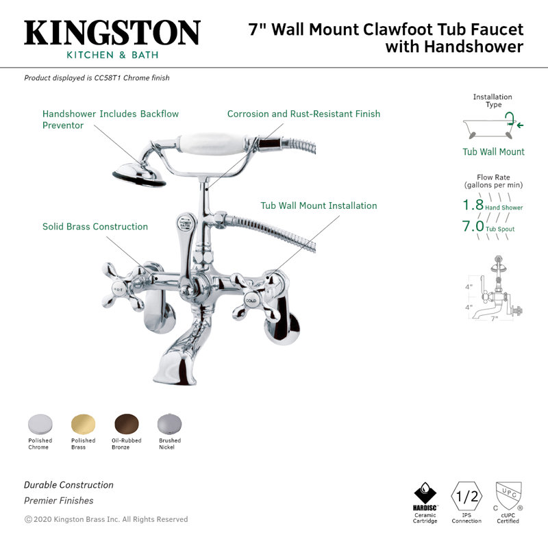 Kingston Brass Vintage Three-Handle 2-Hole Tub Wall Mount Clawfoot Tub Faucet with Hand Shower, Oil Rubbed Bronze