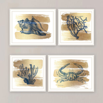 Superbe art mural pour la chambre à coucher et le salon - 4 pièces de la collection Gold Sea, 18 po x 14 po x 1 po, 8 livres, papier de bureau à domicile en bois, fabriqué, look moderne