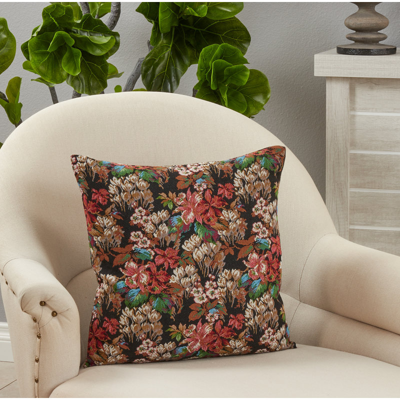 Black Jacquard Floral Down Blend Throw Pillow