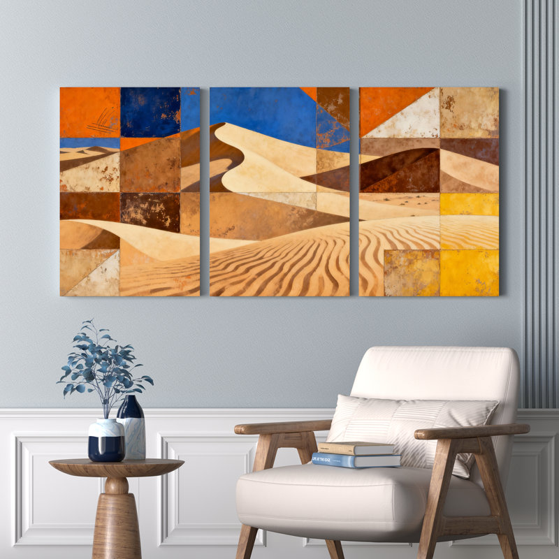 Tableau abstrait géométrique sur toile tendue représentant des dunes du désert (ensemble de 3), H 24 po x l 48 po