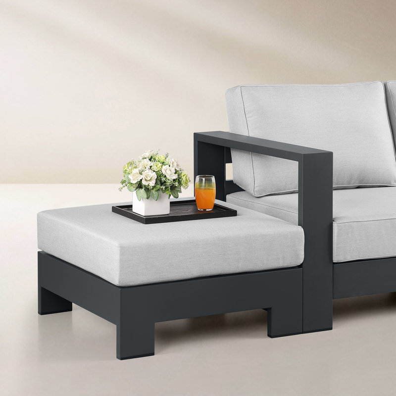 Hoyt 92.52” Outdoor Aluminum Sofa with 27.56" Versatile Ottoman, Light Gray, Slate Black