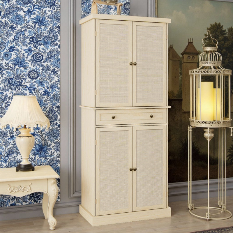 Armoire d'appoint 72 po moderne en rotin 72 po - 4 portes avec tablettes réglables, Naturel