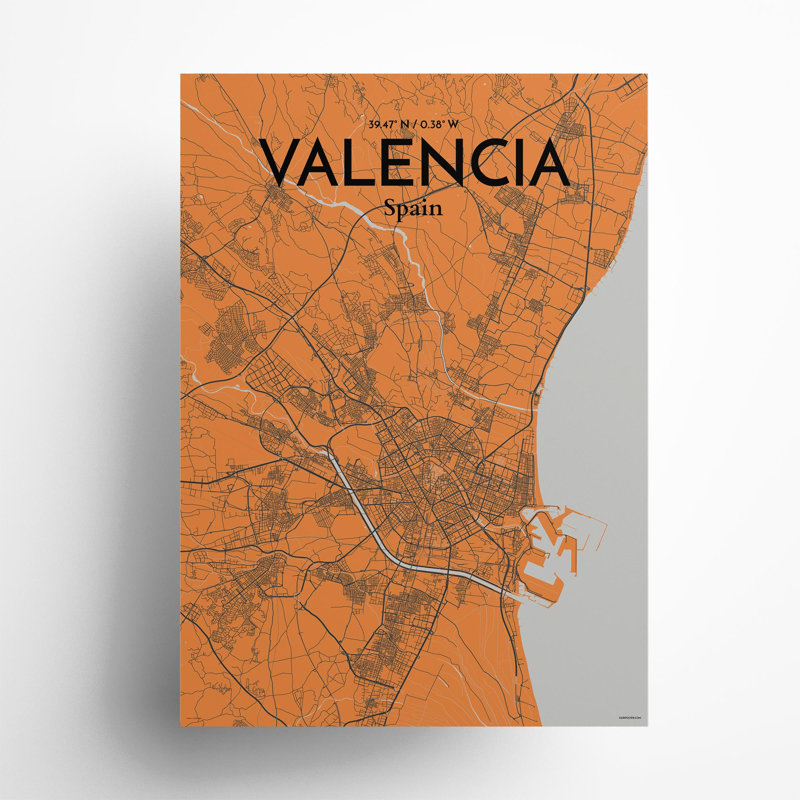 Valencia, carte de la ville, impression, H 27,6 po x l 19,7 po, Orange / gris