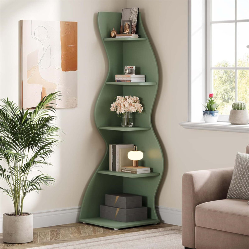Bibliothèque de coin et support à plante à 5 niveaux de 69,8 pouces de hauteur vert ondulé pour petits espaces, parfait pour la vie moderne et l'organisation