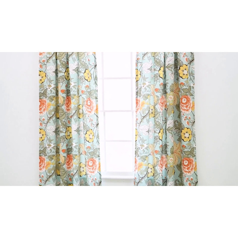 Blue and Yellow Floral Polyester Room Darkening Curtain Panels
