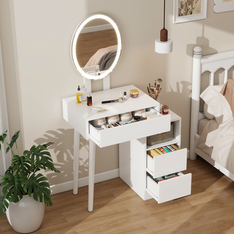 Grande coiffeuse Farmhouse avec 3 tiroirs et bloc d'alimentation intégré