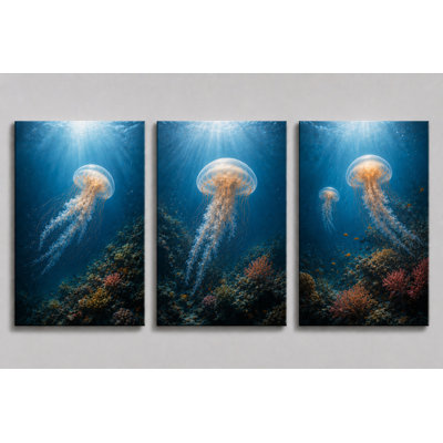 Grand ensemble de 3 médailles sous-marines sur toile, récif océanique, décor nautique côtier pour chambre à coucher, bureau de salon, impression sur toile 16 x 24 pouces - prête à être accrochée