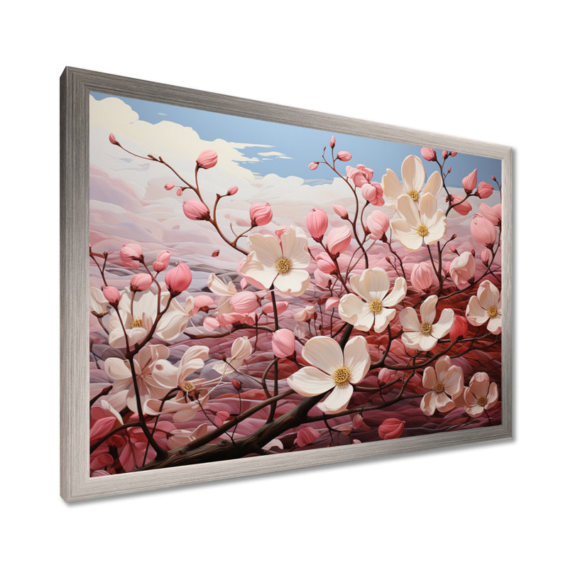 Rose et blanc Dogwood Dream - art mural cornouiller, H 30 po x l 40 po x P 1,5 po, Cadre simple argenté