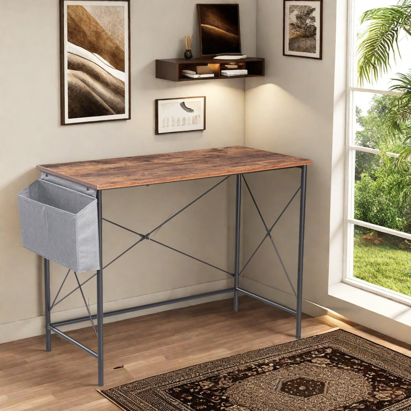 40" Small Modern Industrial Office Desk with Side Storage Bag