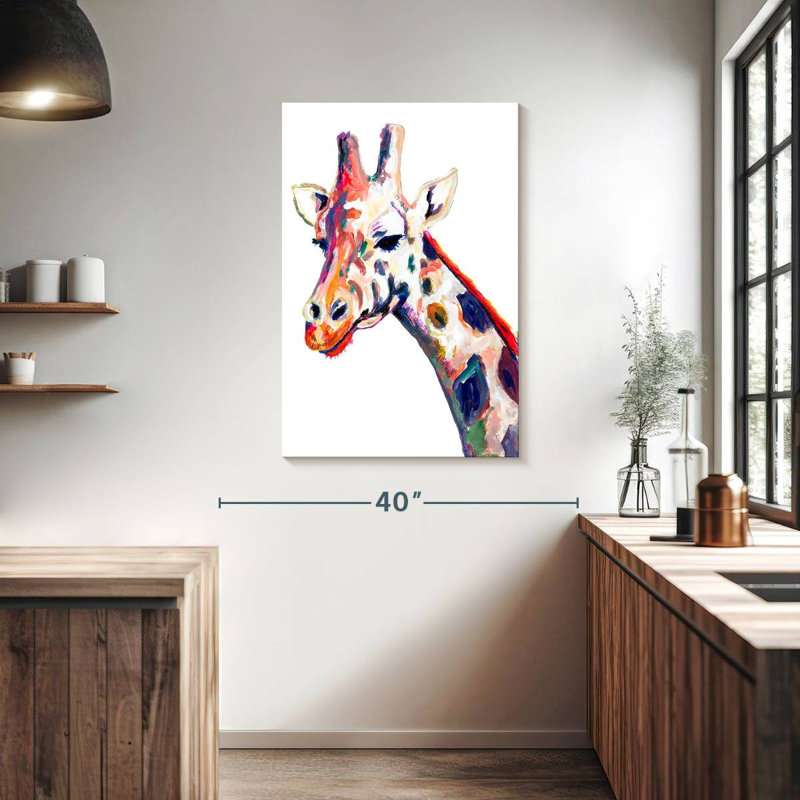 Brampt, girafe colorée sur fond blanc, H 39 po x l 26 po