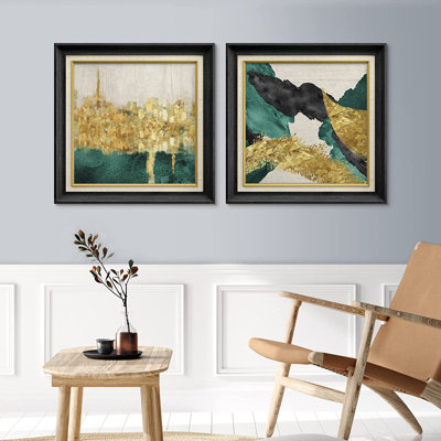 Emerald Green Decor Abstract Classic Vintage Art - 2 Piece Picture Frame Print Set on Canvas