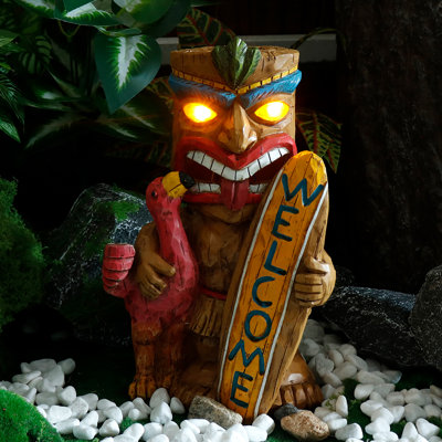 Solar Powered Tiki Garden Statue with Welcome Surfboard and Flamingo, Outdoor Resin Tiki Totem Decor with LED Glowing Eyes for Patio Yard Lawn, 11.41" H