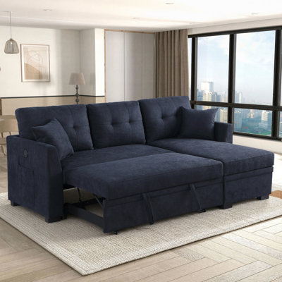 82" Velvet Sleeper Sectional Sofa with Storage Chaise, Convertible Sleeper Sofa Bed,  Pull Out Couch with USB Port, Side Pockets
