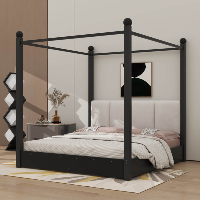 Lit plateforme avec auvent, tête de lit rembourrée et fabrication en métal, Queen, Black