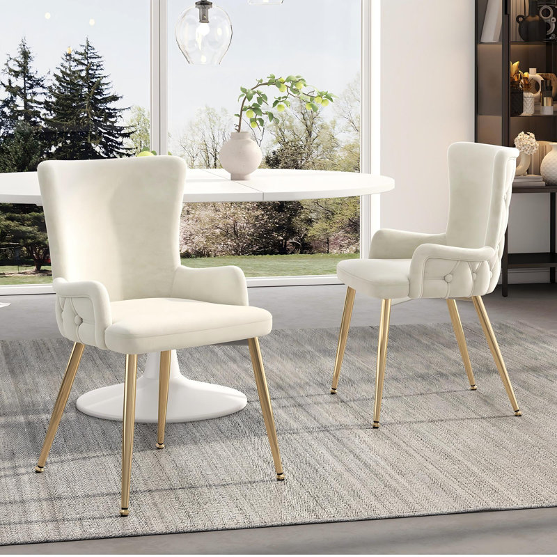 Velvet Upholstered Metal Armchair, Gold, Beige, 2