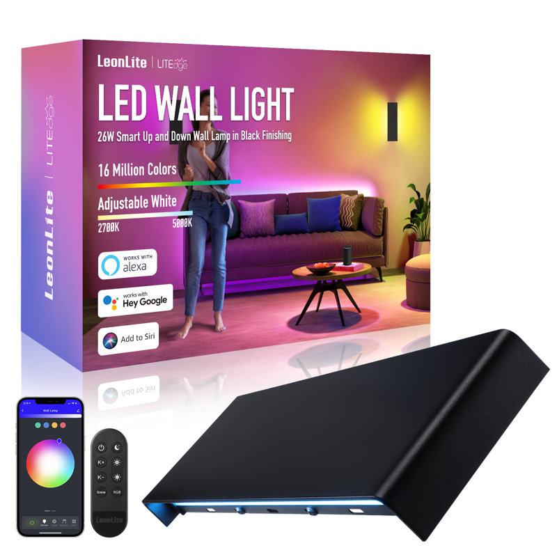 16 Inch 26W Smart LED Wall Sconce, RGBCW Color Changing, 100-265V, WiFi & Bluetooth Connection, IP65 Waterproof Outdoor Commercial Wall Washing Lighting Solution, Black