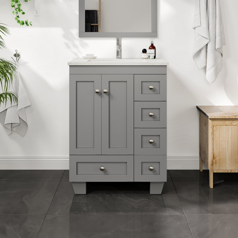 Curio 24"W x 18"D Bathroom Vanity with White Carrara Countertop and Undermount Porcelain Sink, Gray