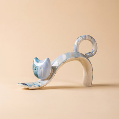 Hand-Painted Ceramic Cat Figurine, Abstract Blue & Ivory Drip-Glaze Sculpture, Modern Decorative Accent for Bookshelf, Console & Mantel ("Arched Standing Cat" or "Lounging Cat.")