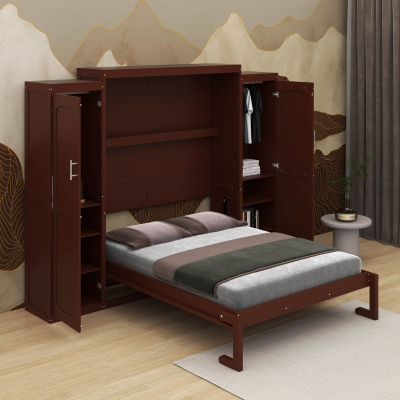 Lit escamotable double avec garde-robe et tablette de rangement, Noyer, Double