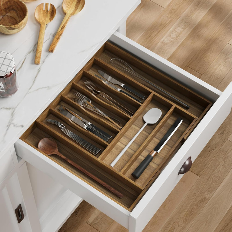 9 Compartment Acacia Wood Kitchen Silverware Drawer Organizer for Silverware and Kitchenware