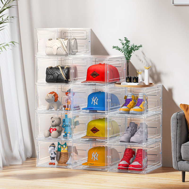 Boîte de rangement pour chapeaux, boîte de support de casquettes de baseball empilables transparentes avec porte magnétique pour chapeaux Casquette de rangement Snapback, vitrine de support à chapeaux, peut contenir 8 chapeaux chacun