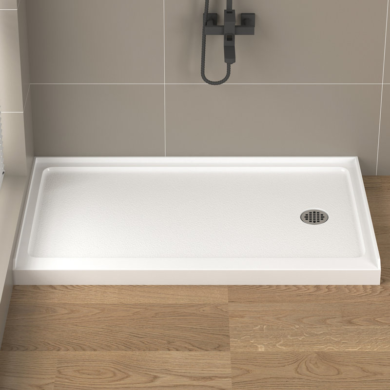 60 in. L x 32 in. W Single Threshold Shower Base Pan With Non-Slip Textured Surface, White Acrylic Shower Base for Bathroom with Drain, White