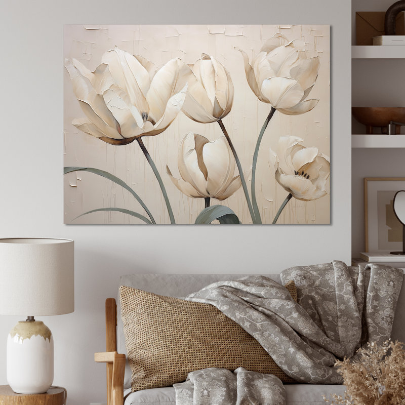 Minimalisme, tulipes blanches symphonie II sur toile, H 30 po x l 40 po x P 1,5 po, Toile tendue