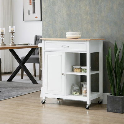 Chariot pour îlot de cuisine, îlot de cuisine avec rangement, plateau en bois massif, tiroir, pour la salle à manger