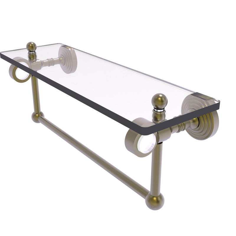 Jarrell Glass Bracket Shelf with Towel Bar, 5.12" H x 16" W x 6.4" D, Antique Brass