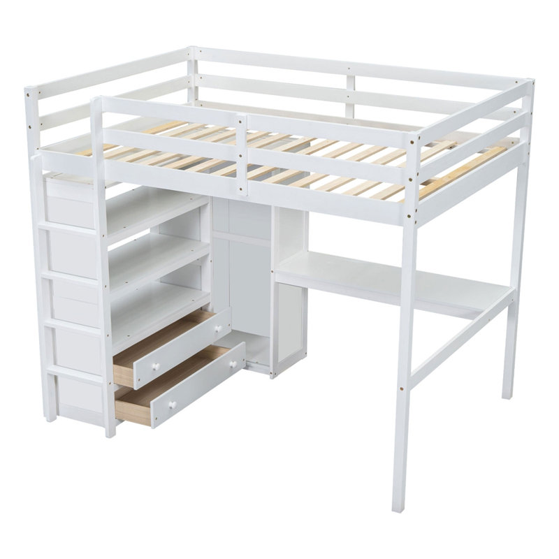 Lit mezzanine double en bois avec garde-robe, bureau, tablettes de rangement et tiroirs intégrés pour une utilisation compacte et multifonctionnelle
