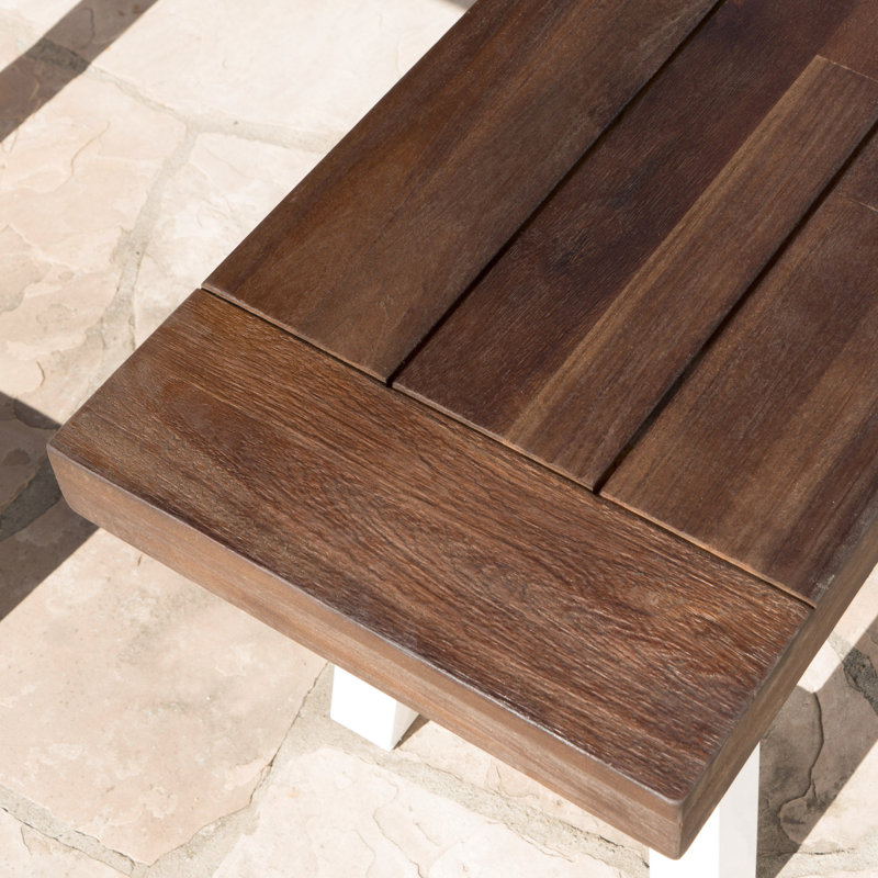 Banc en bois avec sablage brun foncé et structure en métal rustique blanc, profondeur de 15,13 po pour banc d'extérieur, sièges