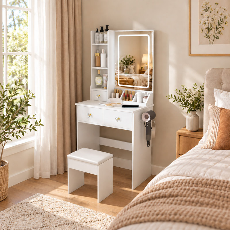 Vanity with Mirror and Seat, Blanc