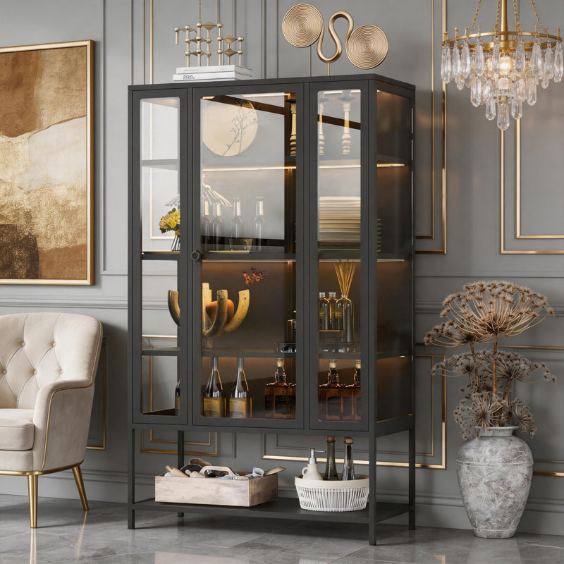 Vitrine de 67,25 po de hauteur avec lumières à DEL et portes en verre, armoire de rangement pour objets de collection, noir