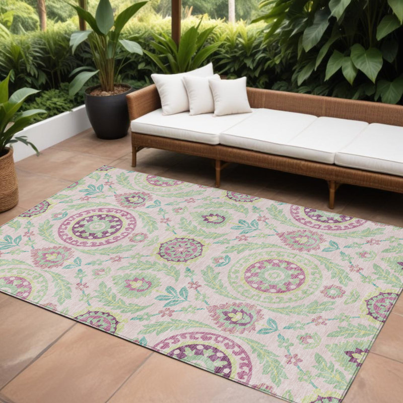 Tapis intérieur lavable floral 9 pi x 12 pi rose mauve et vert menthe