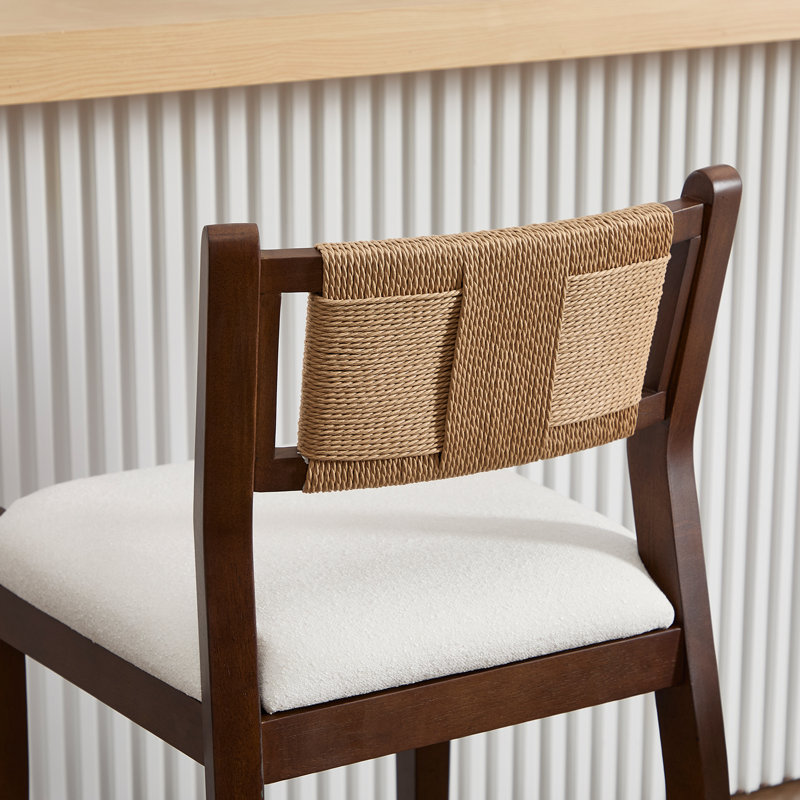 Farmhouse Solid Wood Barstool With Braided Rope Backrest, Upholstered Low Barstool For Bar And Kitchen Island Set Of 2, White
