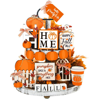 Set Of 15 Fall Tiered Tray Decor Pumpkins Farmhouse Decor Autumn Maple Leaf Table Centerpieces Thanksgiving Harvest Wood Blocks Signs For Home Decor(Cute Style)