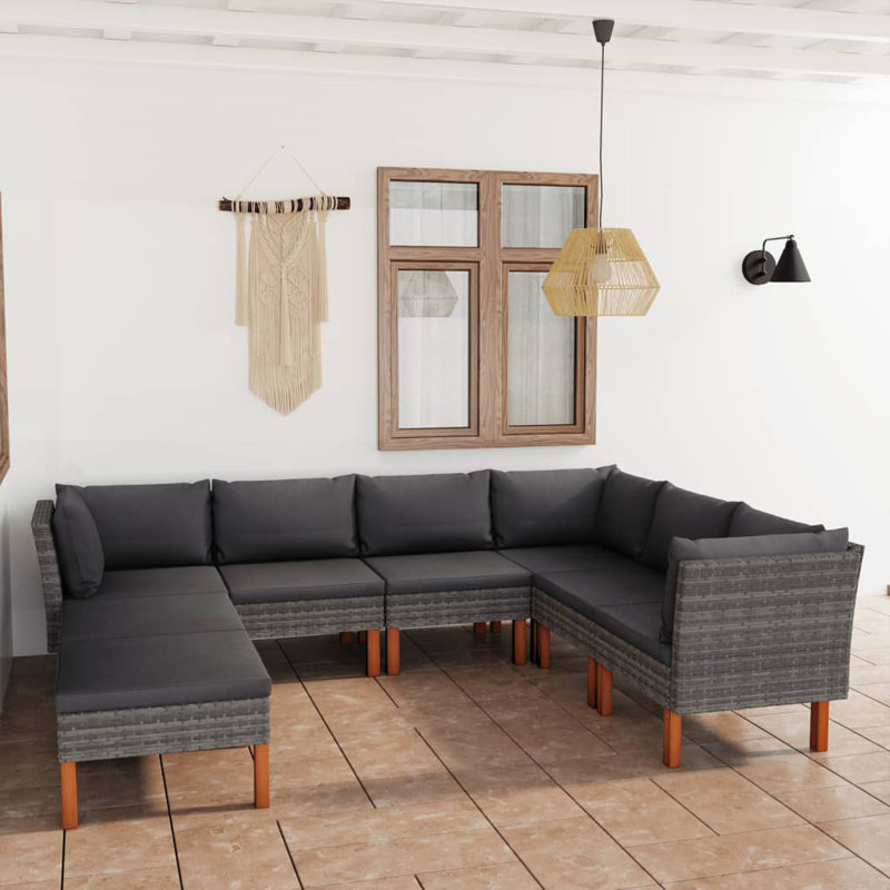 Ensemble modulaire de patio carré en eucalyptus de 23,6 po de large avec coussins Brause, 3x corner + 3x middle + 2x footrest