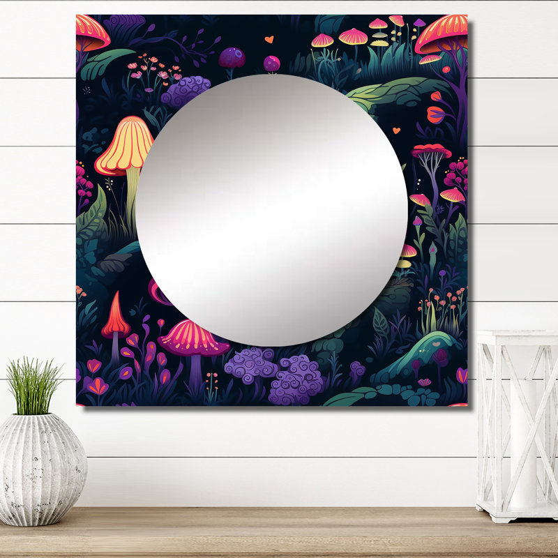 Magical Mushroom Enchanted Forest I - Grand miroir mural carré en forme de champignon pour chambre à coucher, 23 po x 23 po