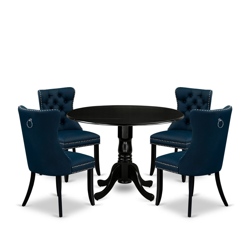 5 Piece Modern Dining Table Set Includes a Round Kitchen Table with Dropleaf and 4 Polyester Fabric Upholstered Chairs, 42x42 Inch, Black