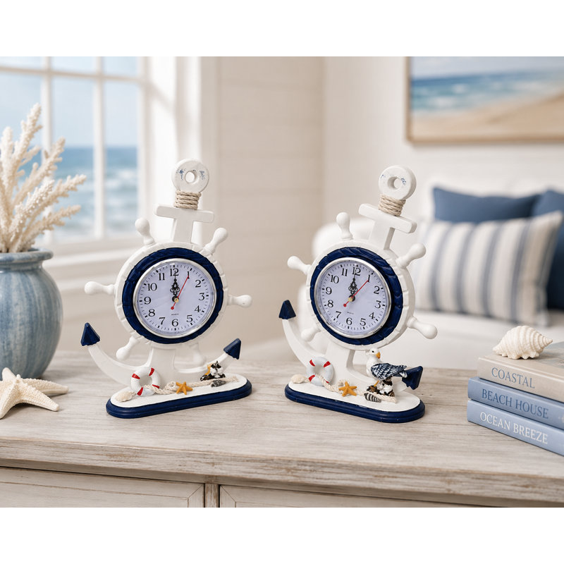 Ensemble de 2 ancres assorties sur des supports avec horloges de table décoratives de plage