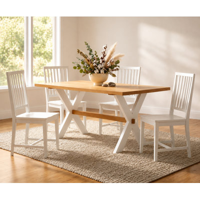 Chelsea 5-Piece Farmhouse Dining Set – 72-Inch Dining Table with X-Frame Trestle Base and 4 Wood Chairs