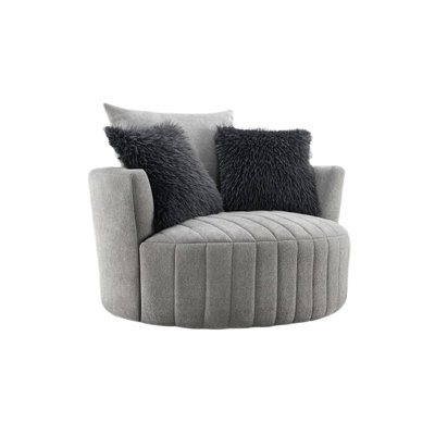 Hedy Swivel Accent Chair, Faux Fur Pillow, Light Gray Channeled Fabric