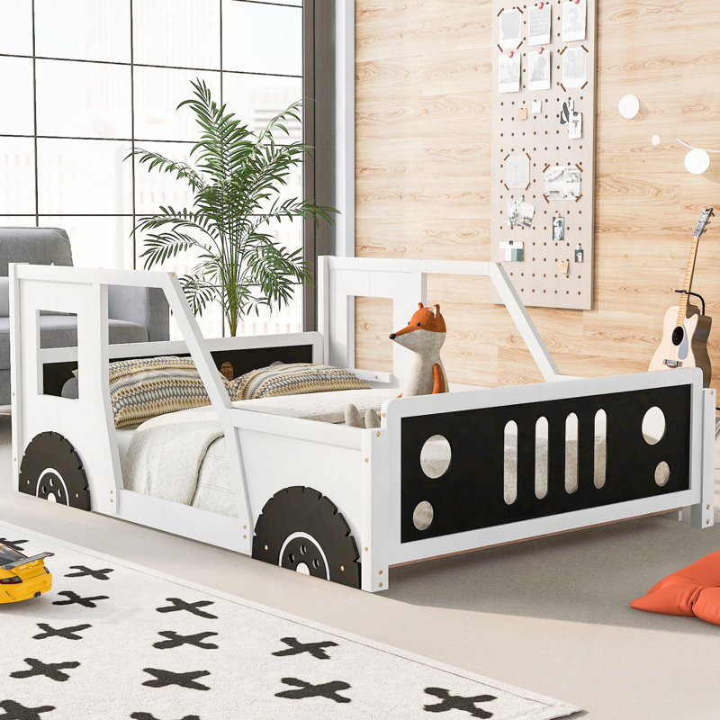 Lit, lit plateforme classique en forme de voiture avec roues, Blanc